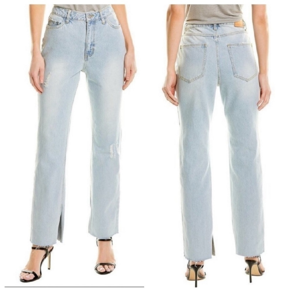 AVEC Les Filles Straight Leg Ankle Slit Hem Jeans Mid Blue Wash 28 NWT